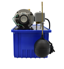 Heavy duty scavenger pump with float switch mounted on blue reservoir basin for elevator sump systems.