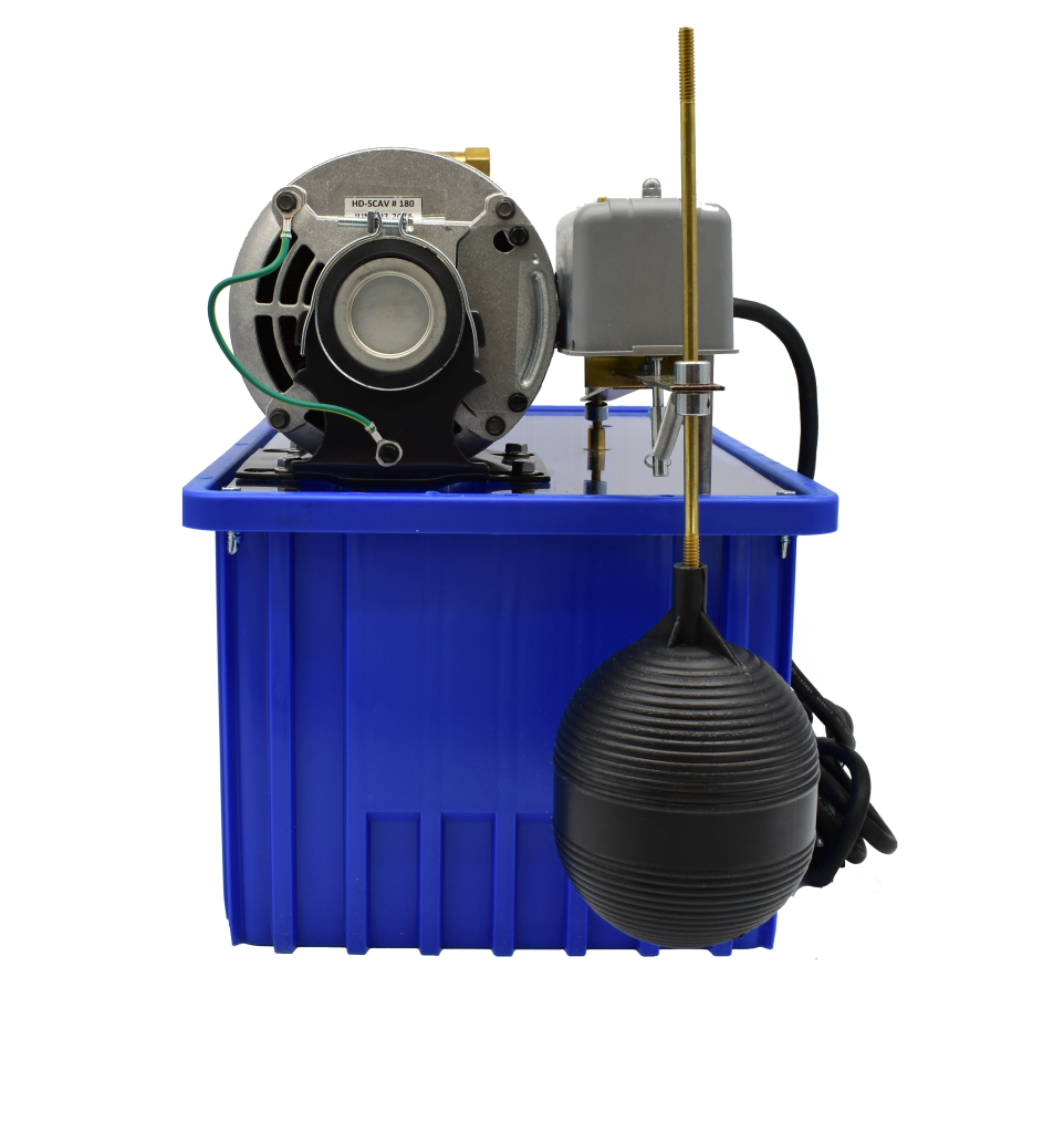 Heavy duty scavenger pump with float switch mounted on blue reservoir basin for elevator sump systems.