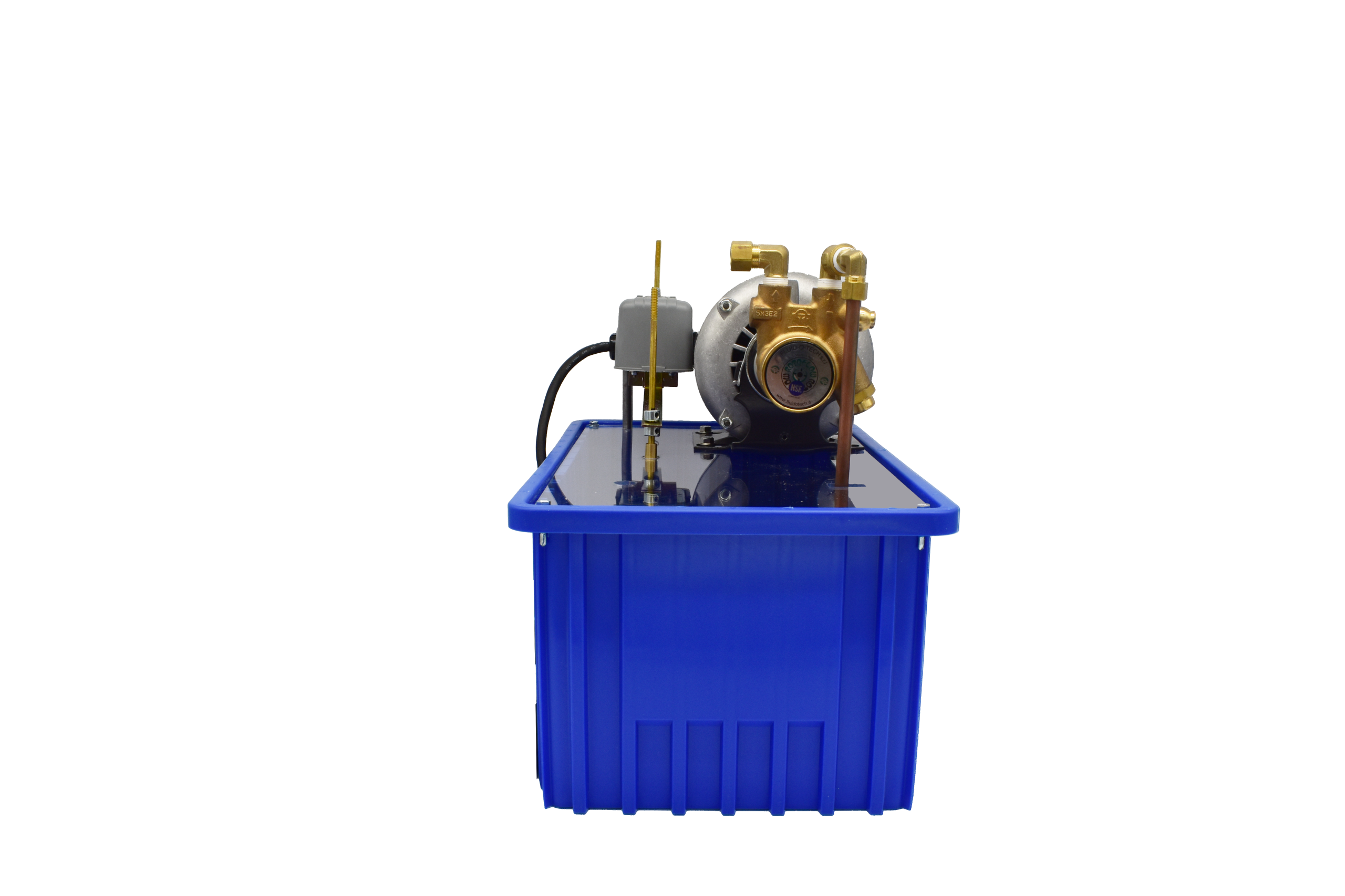 Rear view of HD-SCAV elevator scavenger pump with visible brass inlet/outlet connections and motor assembly.