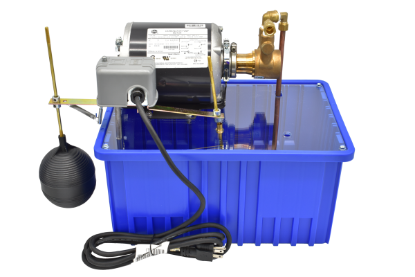 View of HD-SCAV elevator scavenger pump from float switch and power cord side, mounted on a blue container.