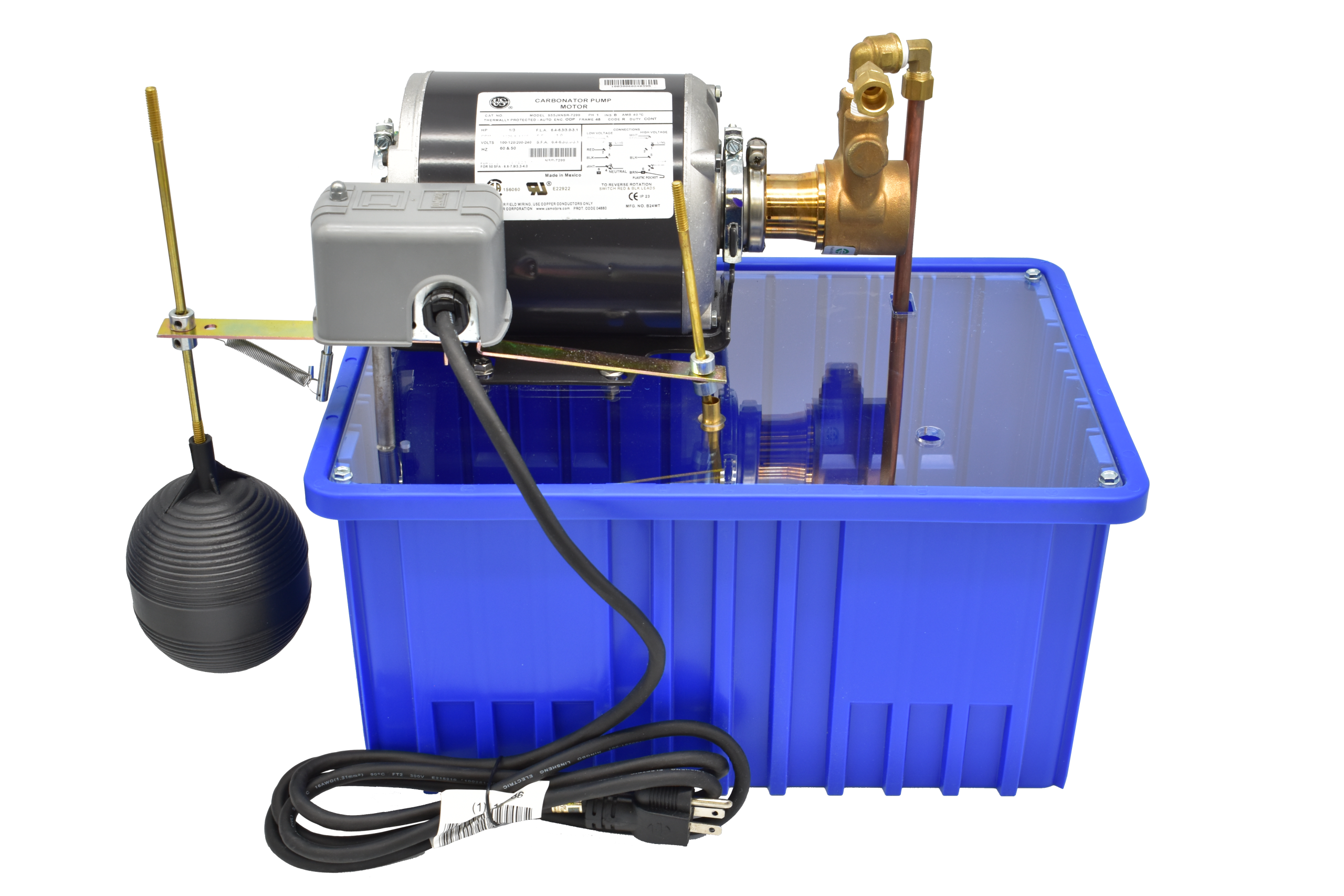 View of HD-SCAV elevator scavenger pump from float switch and power cord side, mounted on a blue container.