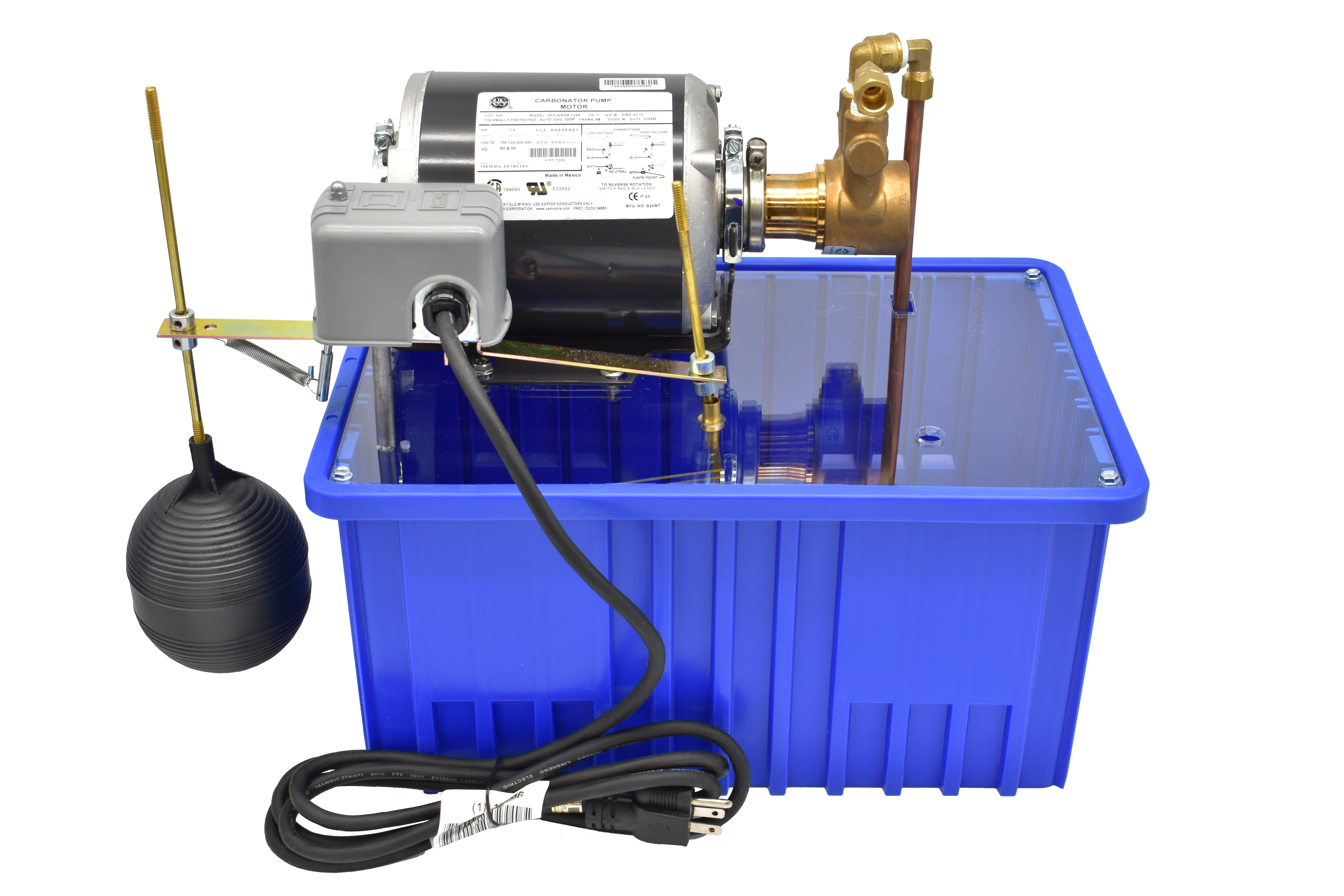 View of HD-SCAV elevator scavenger pump from float switch and power cord side, mounted on a blue container.